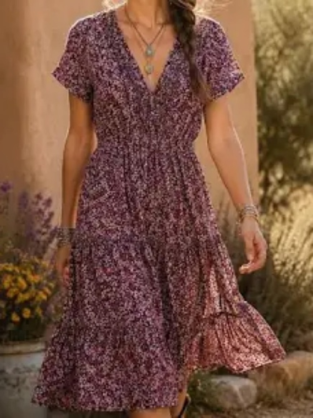 Sundance floral mulberry purple crepe viscose tiered midi dress size large